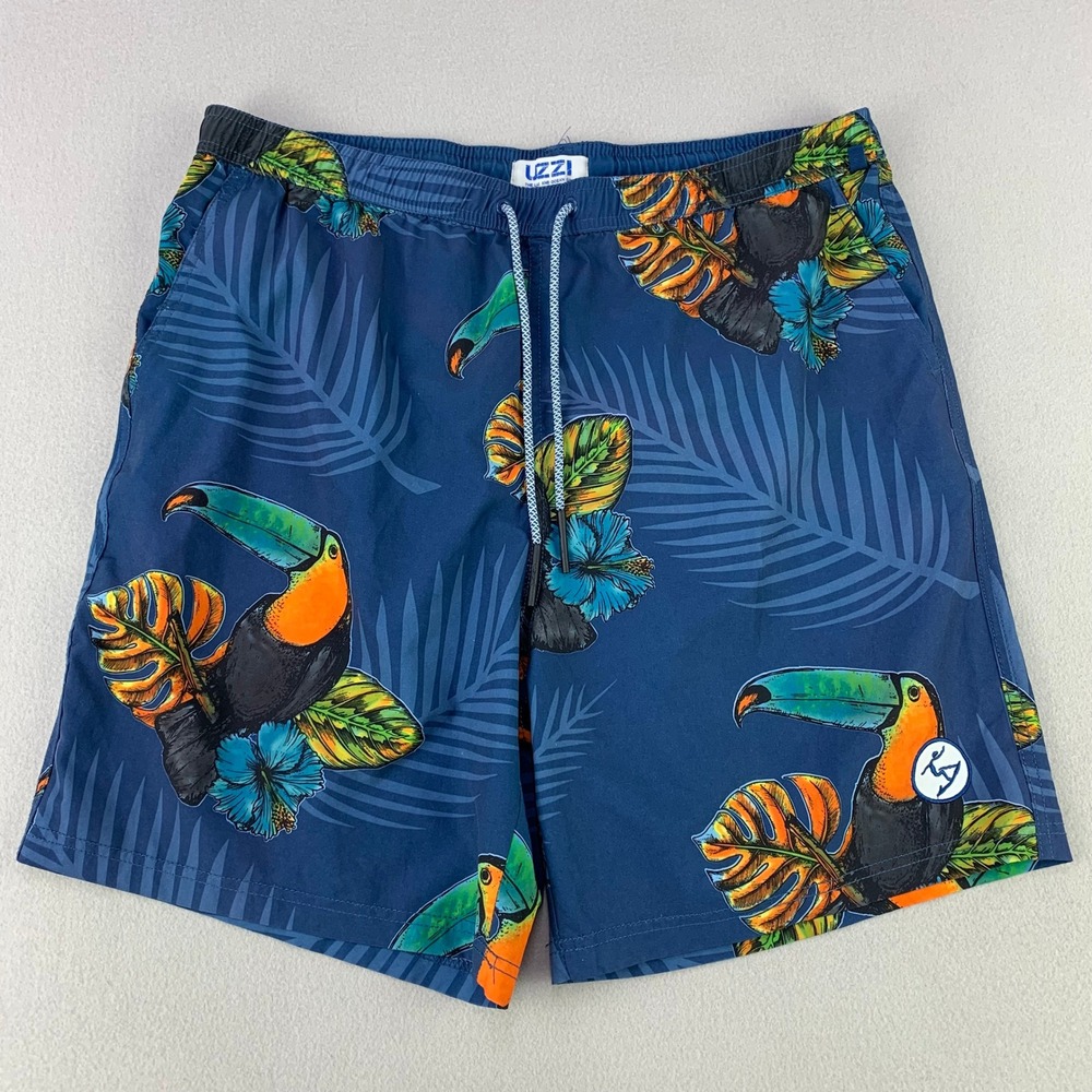 Uzzi‎ Toucan Print Swim Trunks Mens XXL Blue Tropical Beach Board Shorts